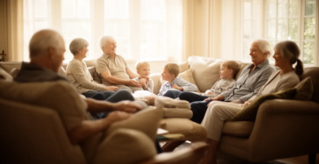 Famille multigénérationnelle conversant calmement dans un salon