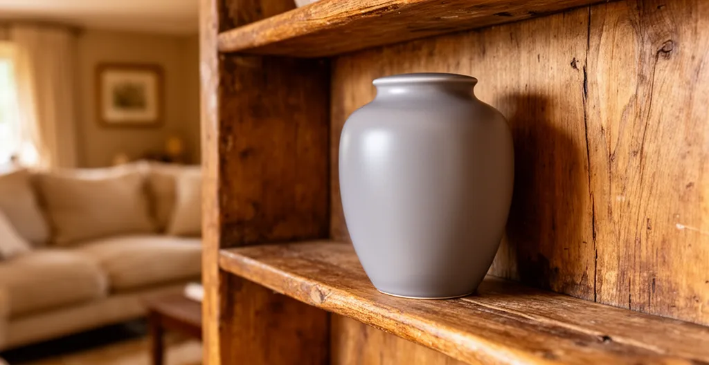 Urne funéraire sobre posée sur une étagère en bois dans un salon lumineux