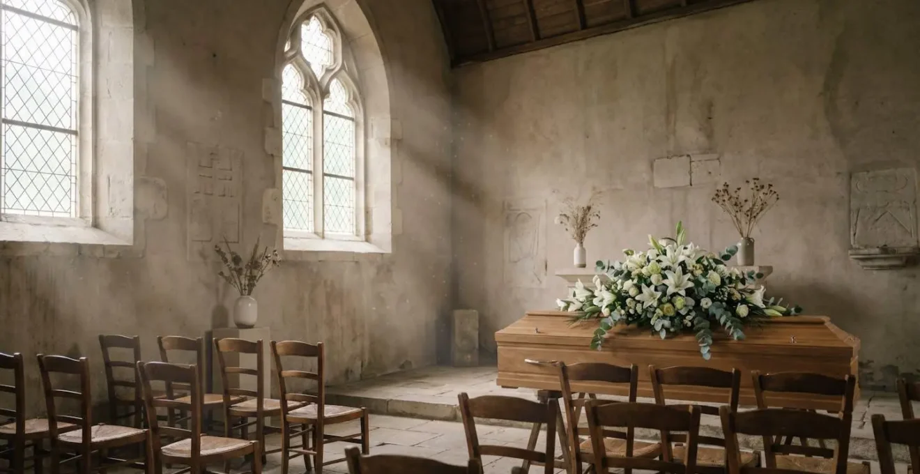 Salle de recueillement funéraire française baignée de lumière douce, avec cercueil fleuri symbolisant l'hommage au défunt
