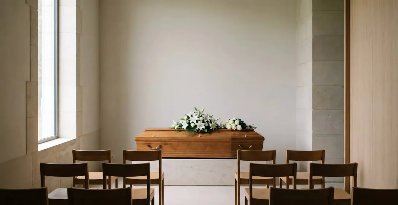 Salle de cérémonie funéraire épurée en France avec cercueil orné de fleurs blanches et lumière naturelle traversant une verrière
