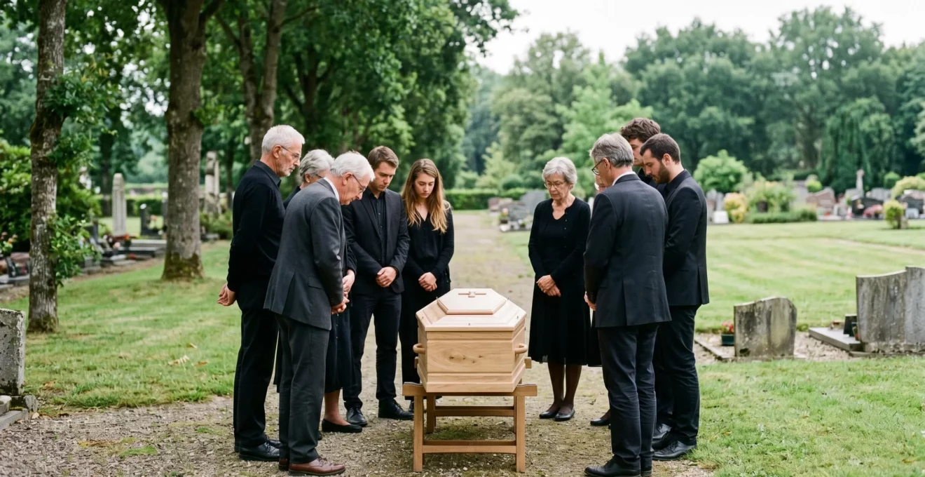 Petite assemblée réunie lors d'une cérémonie funéraire sobre dans un cimetière paysager de Loire-Atlantique