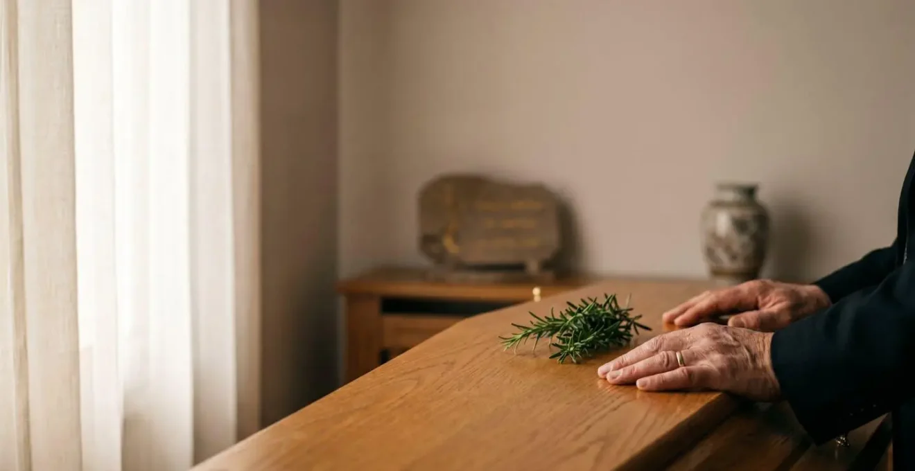 Mains posées délicatement sur un cercueil en bois clair orné d'une simple branche de laurier, dans une lumière douce et apaisante