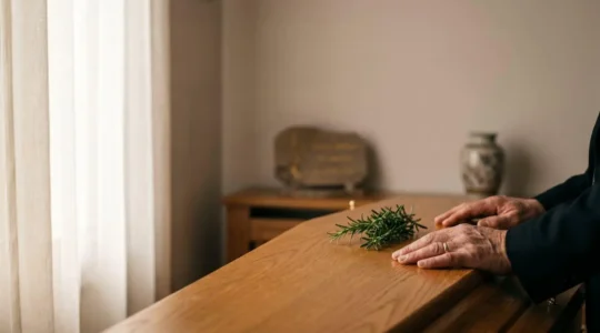 Mains posées délicatement sur un cercueil en bois clair orné d'une simple branche de laurier, dans une lumière douce et apaisante
