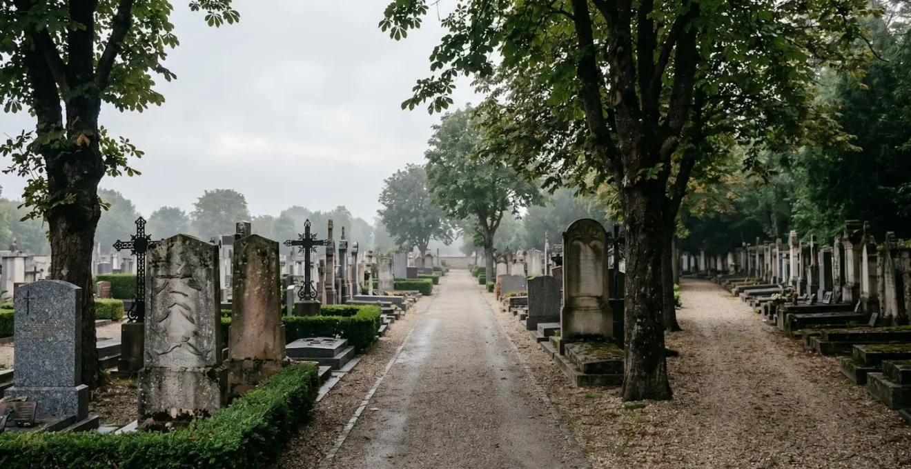 Allée d'un cimetière municipal français bordée de pierres tombales en granit, illustrant le choix d'un emplacement de sépulture