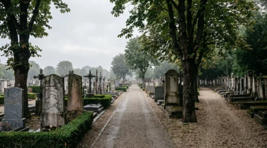 Allée d'un cimetière municipal français bordée de pierres tombales en granit, illustrant le choix d'un emplacement de sépulture