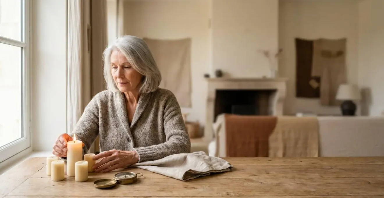 Une personne senior contemplant paisiblement plusieurs chemins symboliques représentant le choix entre différentes offres d'assurance obsèques, dans un intérieur français chaleureux.