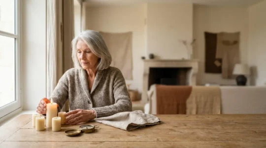 Une personne senior contemplant paisiblement plusieurs chemins symboliques représentant le choix entre différentes offres d'assurance obsèques, dans un intérieur français chaleureux.