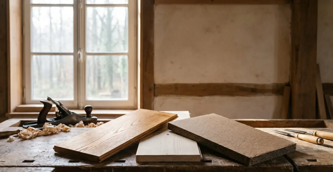 Établi d'artisan menuisier avec échantillons de bois massif et carton évoquant le choix d'un matériau de cercueil entre tradition, loi et écologie