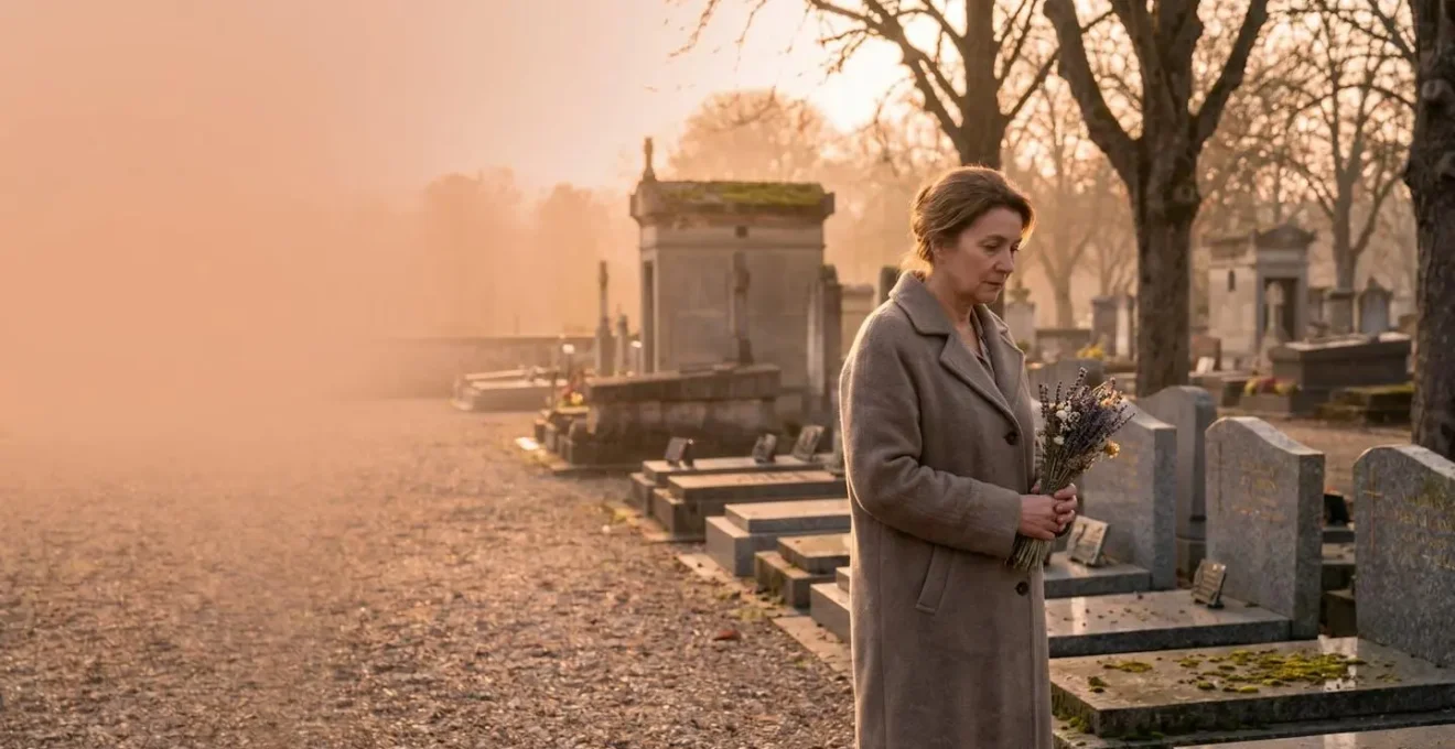 Allée d'un cimetière traditionnel français avec tombes en pleine terre sous une lumière d'automne, évoquant le choix entre inhumation et crémation