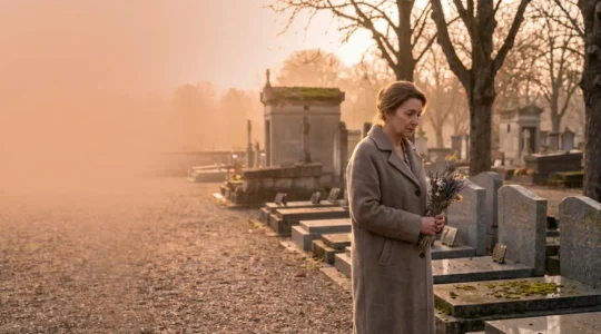 Allée d'un cimetière traditionnel français avec tombes en pleine terre sous une lumière d'automne, évoquant le choix entre inhumation et crémation