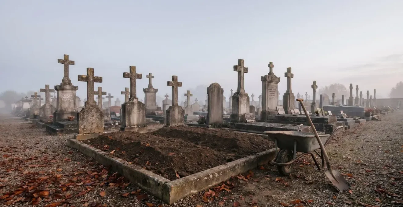 Vue éditoriale d'un cimetière français traditionnel illustrant l'organisation d'une inhumation en pleine terre