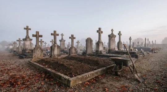 Vue éditoriale d'un cimetière français traditionnel illustrant l'organisation d'une inhumation en pleine terre