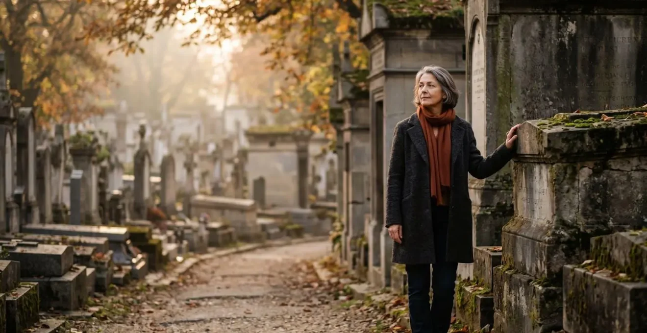 Visiteur se recueillant dans l'allée d'un cimetière municipal français ancien et saturé, à la recherche d'une concession