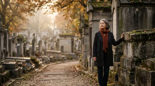 Visiteur se recueillant dans l'allée d'un cimetière municipal français ancien et saturé, à la recherche d'une concession