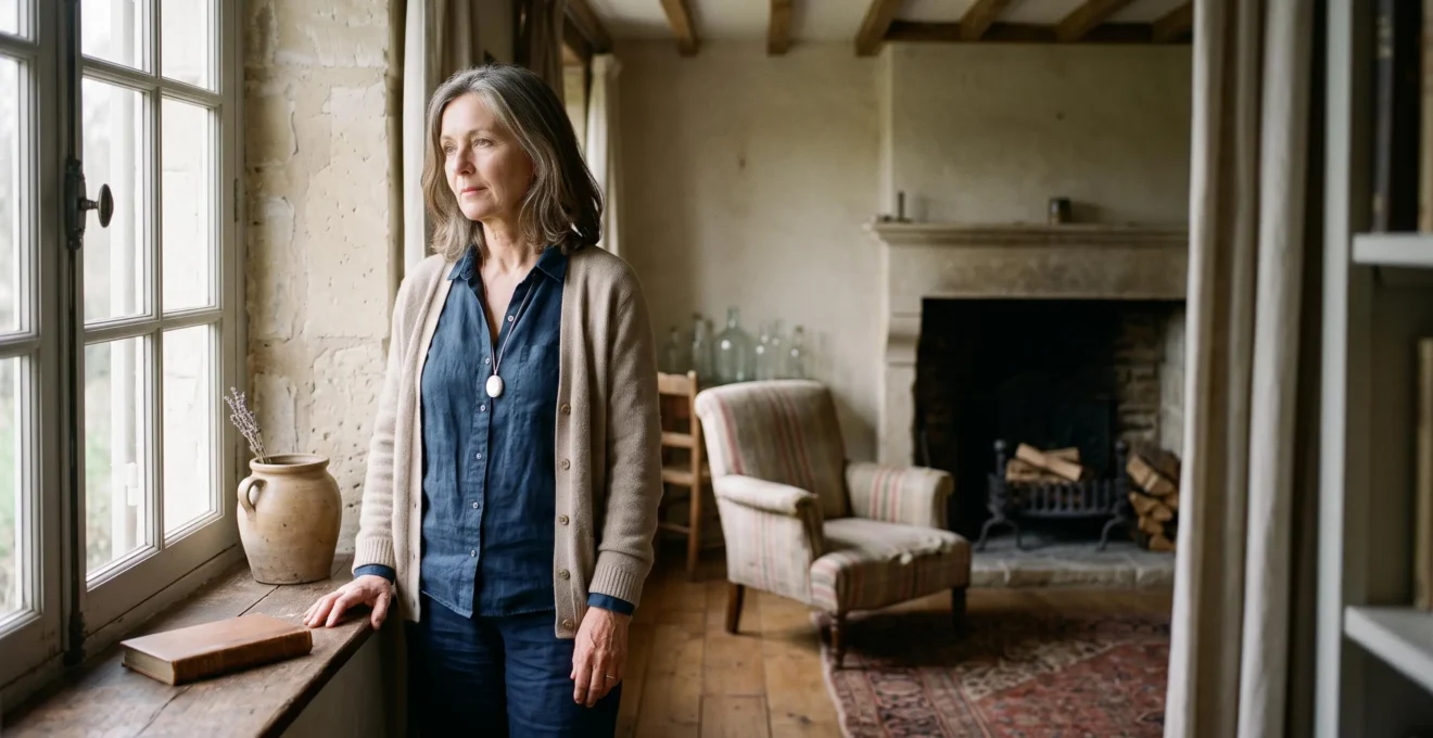Silhouette d'une personne âgée regardant par la fenêtre d'une maison familiale française, symbolisant les droits du conjoint survivant dans la succession