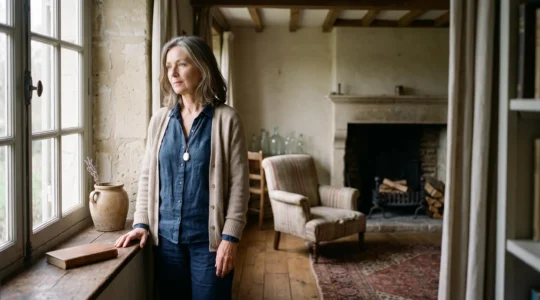 Silhouette d'une personne âgée regardant par la fenêtre d'une maison familiale française, symbolisant les droits du conjoint survivant dans la succession
