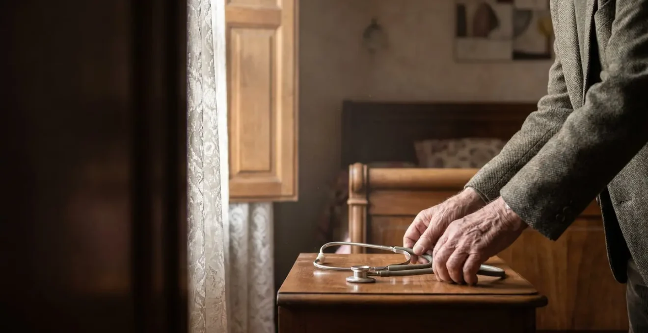 Médecin tenant délicatement un stéthoscope près d'une fenêtre lumineuse, symbolisant la constatation médicale du décès et sa portée juridique