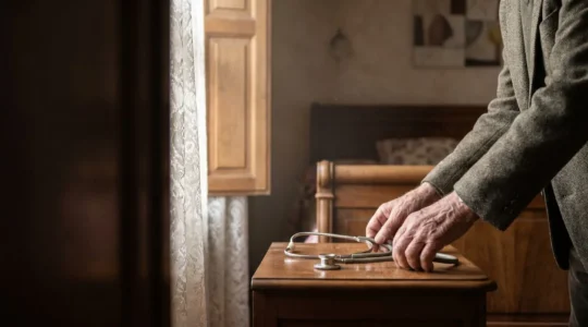 Médecin tenant délicatement un stéthoscope près d'une fenêtre lumineuse, symbolisant la constatation médicale du décès et sa portée juridique