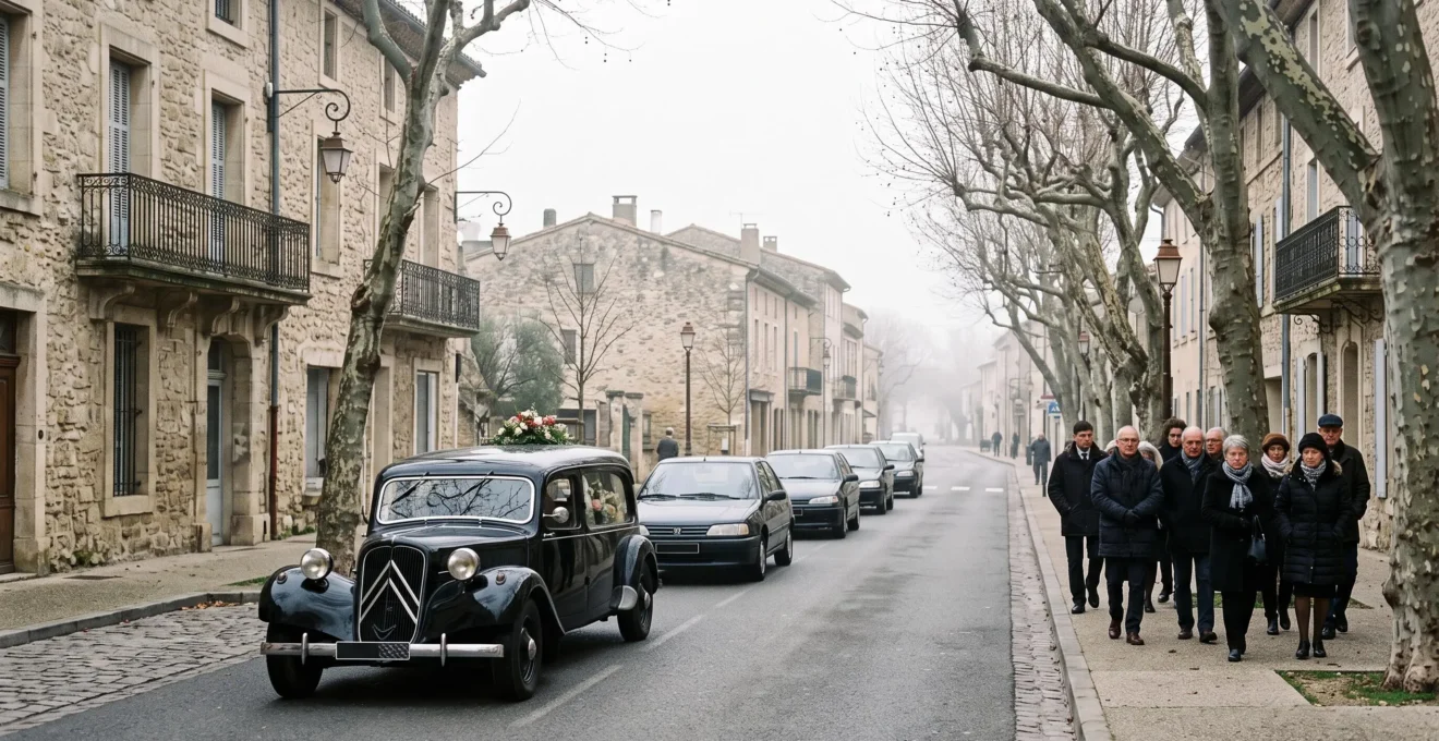 Cortège funéraire traversant une rue française bordée d'arbres, symbole de recueillement collectif