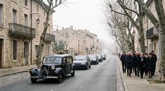 Cortège funéraire traversant une rue française bordée d'arbres, symbole de recueillement collectif