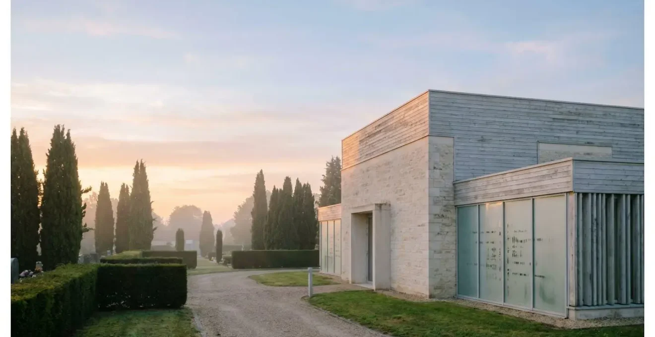 Extérieur épuré d'un crématorium français entouré de verdure, symbole de recueillement et de sérénité