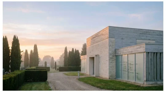 Extérieur épuré d'un crématorium français entouré de verdure, symbole de recueillement et de sérénité