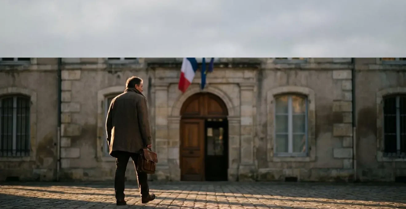 Facade d'une mairie francaise traditionnelle au petit matin, symbole de la demarche administrative apres un deces