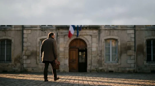 Facade d'une mairie francaise traditionnelle au petit matin, symbole de la demarche administrative apres un deces
