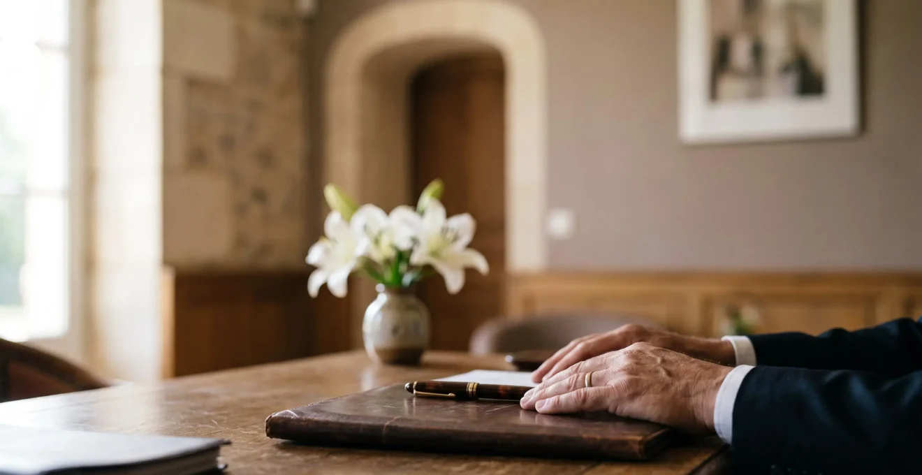 Mains examinant attentivement un document de devis funéraire posé sur une table en bois, dans une ambiance calme et respectueuse