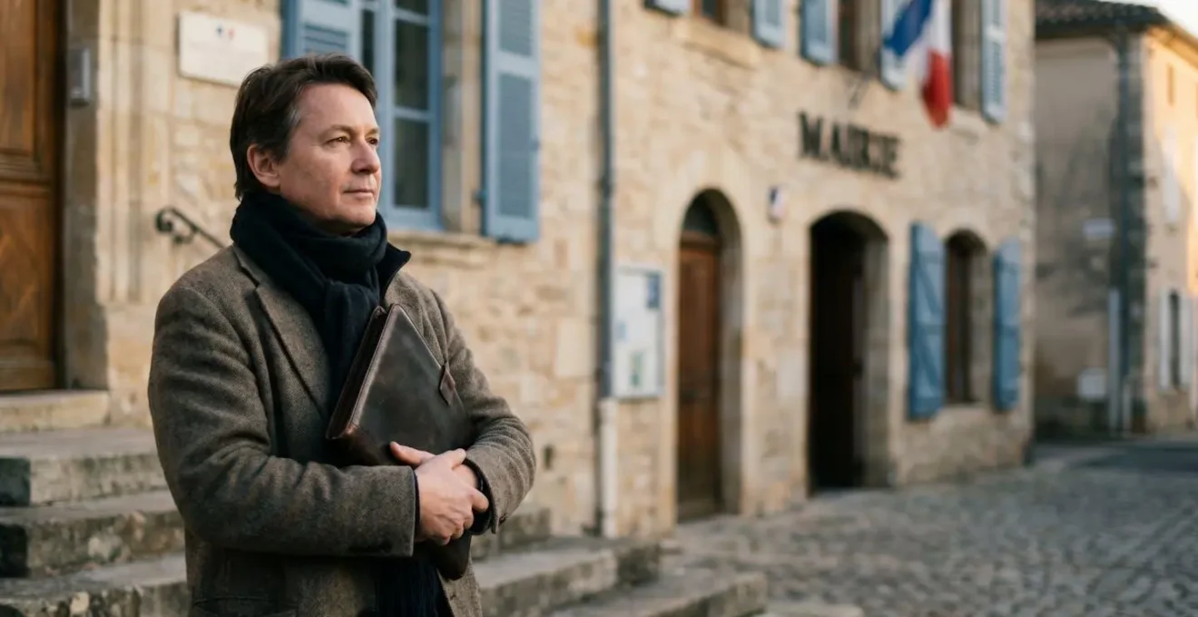 Personne tenant avec soin une pochette de documents officiels devant une mairie française floue en arrière-plan, symbolisant les démarches administratives après un décès