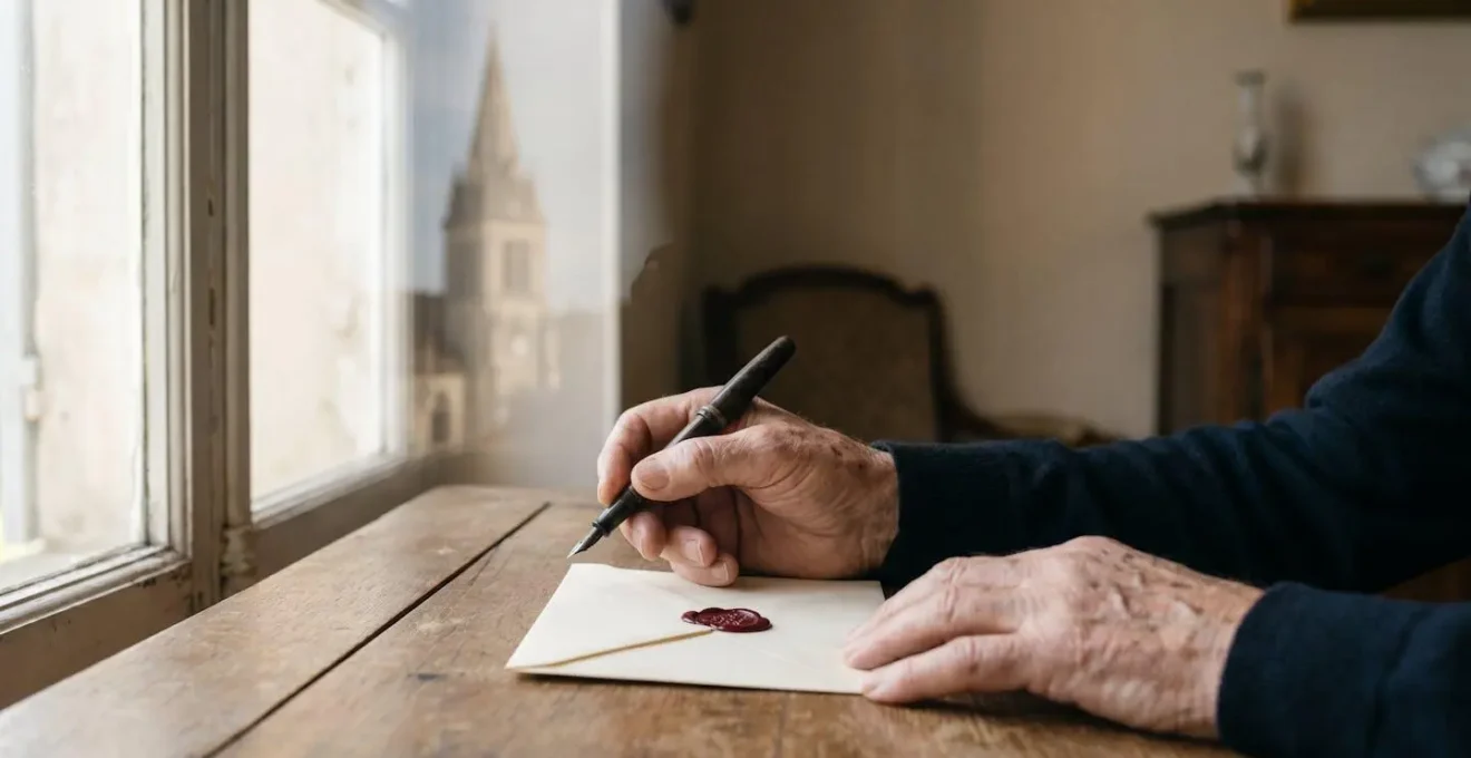 Main âgée posant un stylo-plume sur une lettre manuscrite scellée, symbolisant la rédaction de dernières volontés funéraires en France