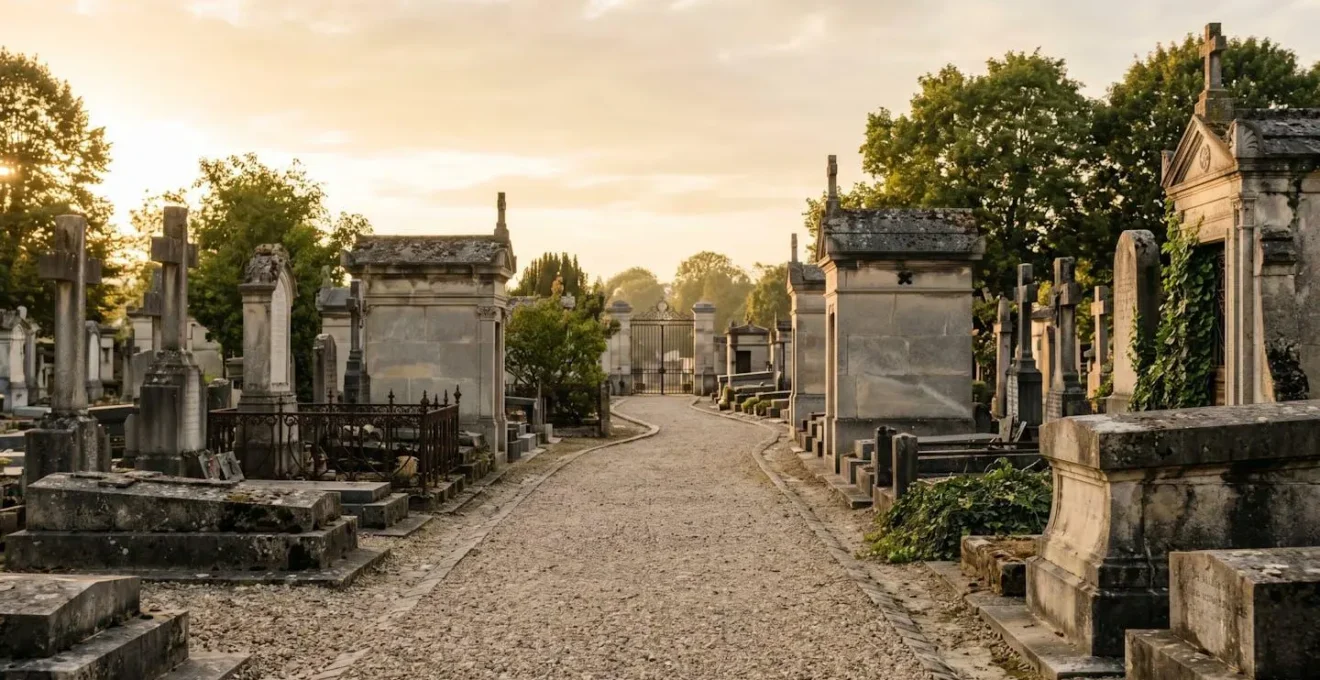 Allée d'un cimetière municipal français avec monuments en pierre et portail en fer forgé, illustrant le droit d'usage d'une concession funéraire