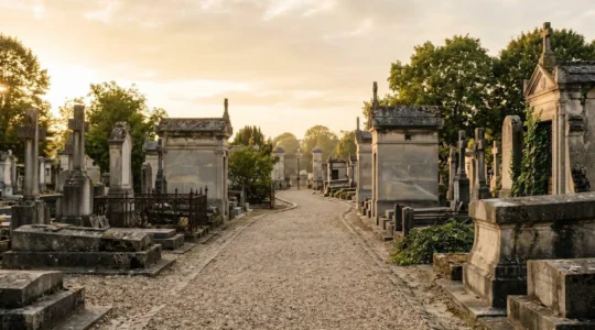 Allée d'un cimetière municipal français avec monuments en pierre et portail en fer forgé, illustrant le droit d'usage d'une concession funéraire