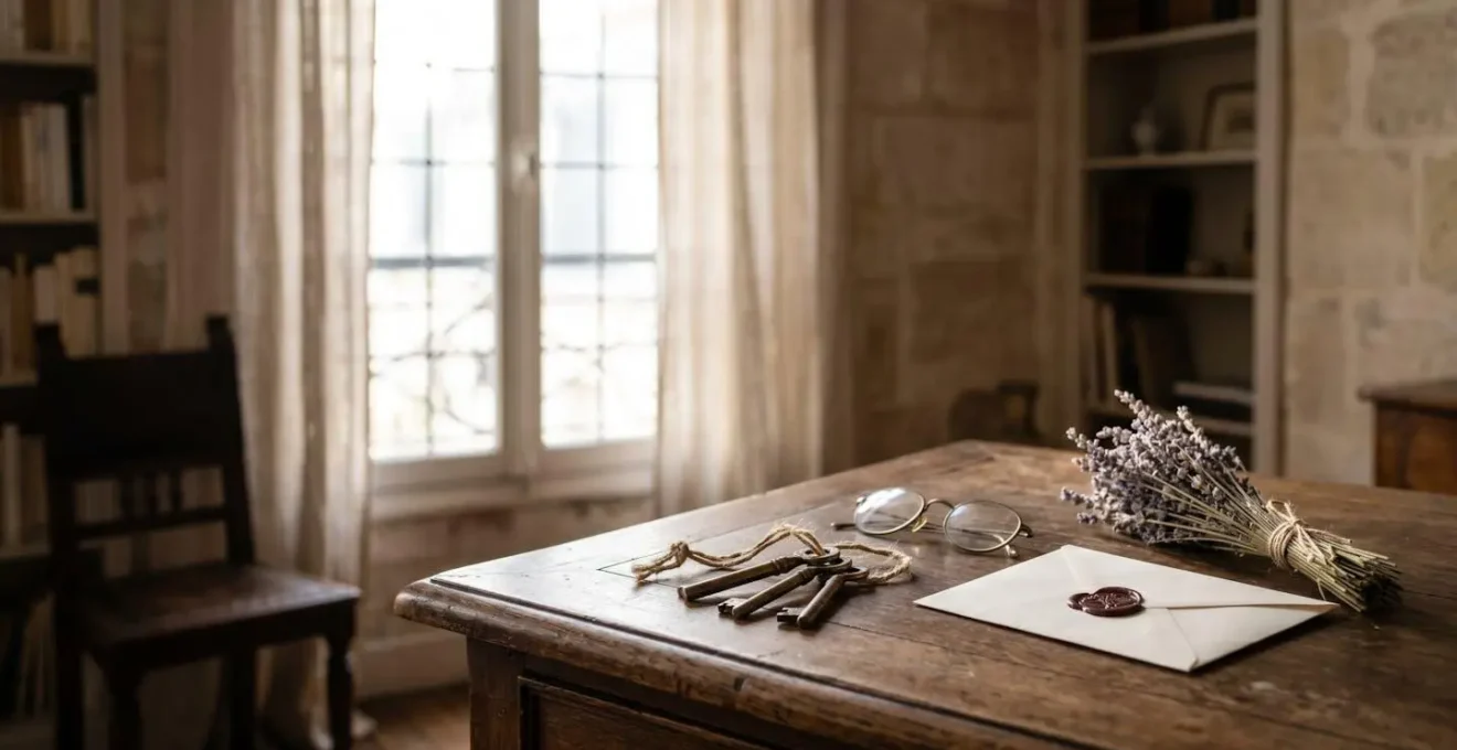 Scene symbolique representant les formalites juridiques d'une succession en France, entre heritage familial et demarches legales