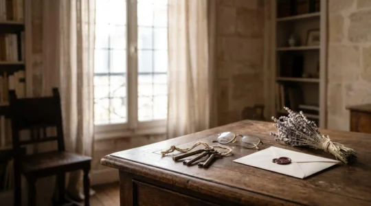 Scene symbolique representant les formalites juridiques d'une succession en France, entre heritage familial et demarches legales