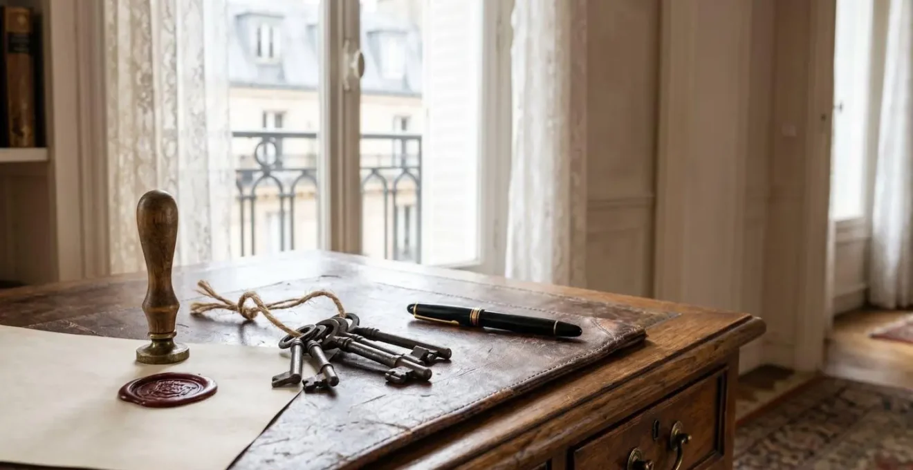 Bureau ancien en bois avec un sceau de cire et des clés anciennes, symbolisant la transmission protégée du patrimoine familial en France