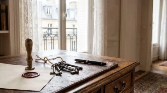 Bureau ancien en bois avec un sceau de cire et des clés anciennes, symbolisant la transmission protégée du patrimoine familial en France