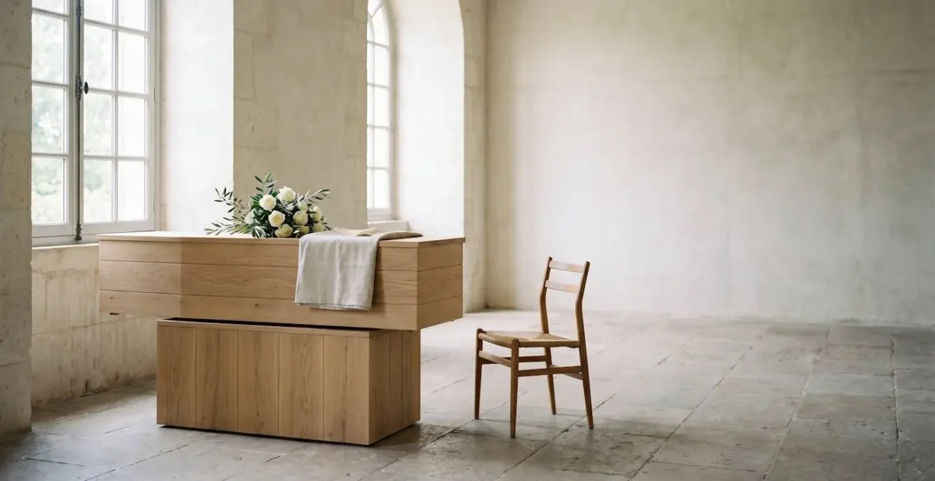 Salle de cérémonie funéraire française épurée avec éléments personnalisés symbolisant un hommage unique au-delà du service standard
