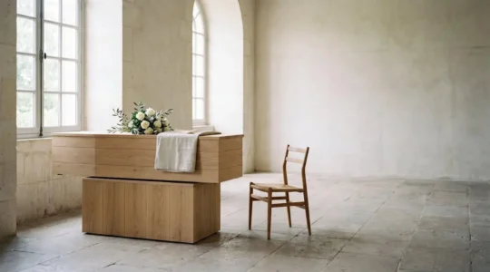 Salle de cérémonie funéraire française épurée avec éléments personnalisés symbolisant un hommage unique au-delà du service standard