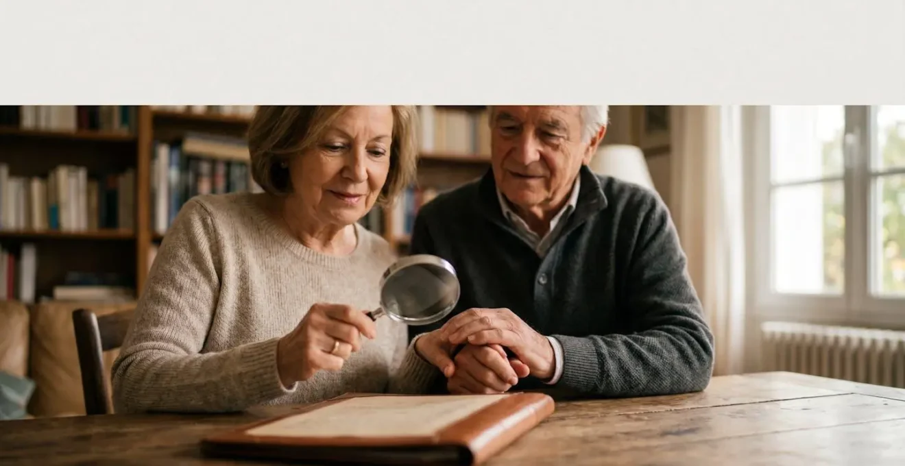 Gros plan sur des mains examinant avec attention un document contractuel à la lumière douce d'un salon français, symbolisant la vigilance nécessaire avant de signer une assurance obsèques.