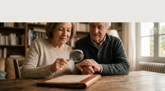 Gros plan sur des mains examinant avec attention un document contractuel à la lumière douce d'un salon français, symbolisant la vigilance nécessaire avant de signer une assurance obsèques.