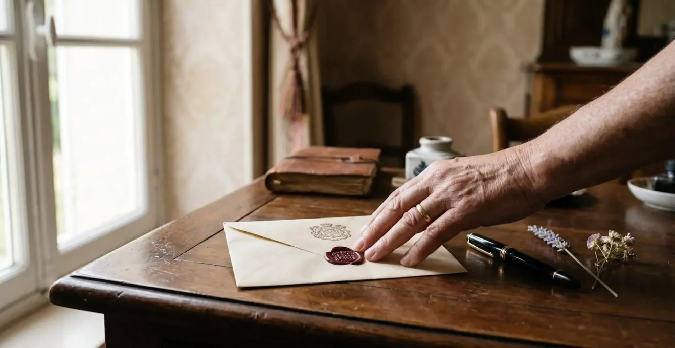 Une main dépose une enveloppe cachetée à la cire sur un secrétaire en bois ancien, dans une lumière chaude évoquant la transmission d'un dernier message