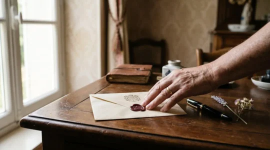 Une main dépose une enveloppe cachetée à la cire sur un secrétaire en bois ancien, dans une lumière chaude évoquant la transmission d'un dernier message