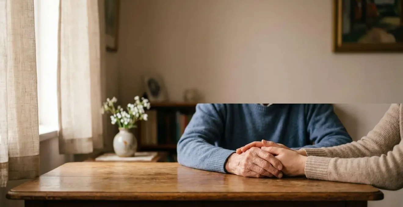 Mains d'une personne âgée et d'un proche jointes avec tendresse, symbolisant la préparation sereine des funérailles en famille
