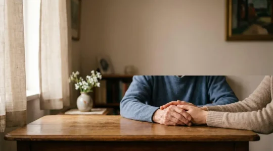 Mains d'une personne âgée et d'un proche jointes avec tendresse, symbolisant la préparation sereine des funérailles en famille