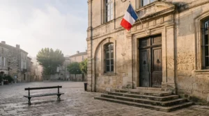 Façade d'une mairie française au petit matin, symbole de la première démarche administrative après un décès