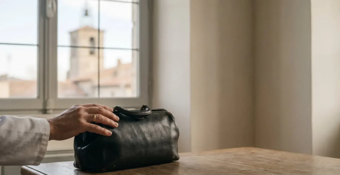 Un medecin pose avec attention sa main sur une trousse medicale, symbolisant son role central dans la certification d'un deces en France.