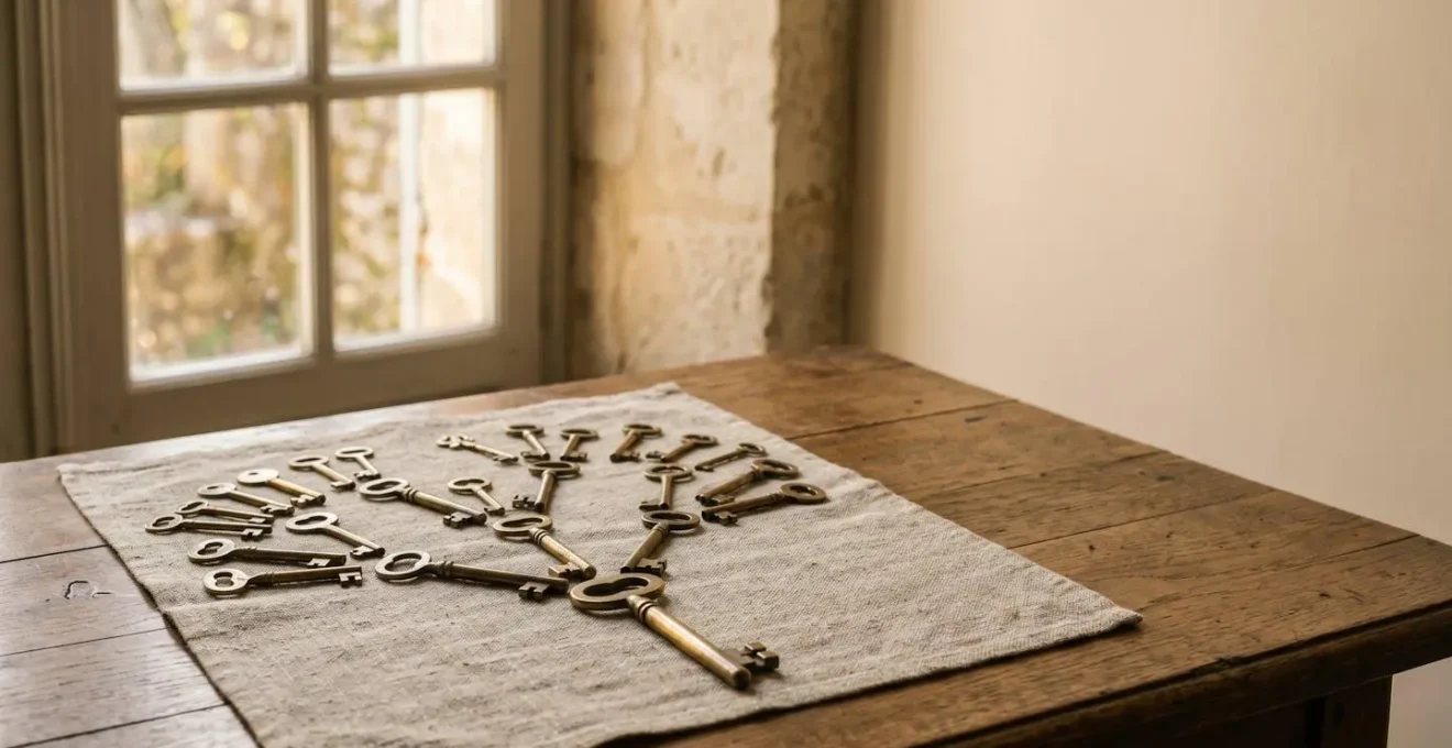 Illustration symbolique de la transmission d'un patrimoine familial en France en l'absence de testament, représentée par un arbre généalogique de lumière au-dessus d'une table en bois ancien