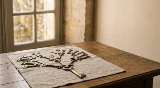 Illustration symbolique de la transmission d'un patrimoine familial en France en l'absence de testament, représentée par un arbre généalogique de lumière au-dessus d'une table en bois ancien