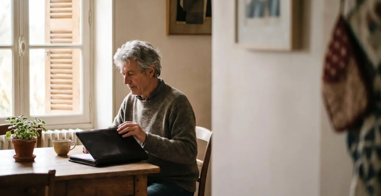 Personne âgée souriante consultant sereinement des documents de prévoyance à la table de sa cuisine dans une maison française lumineuse